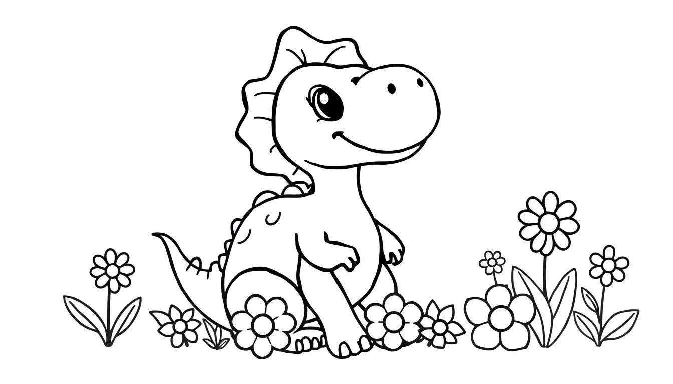 Dinosaurio bebé amigable rodeado de flores para colorear.