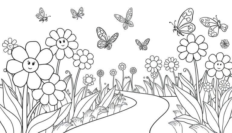Placa de color de un jardín mágico con flores sonrientes y mariposas.