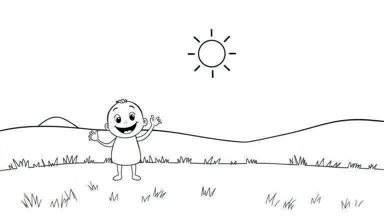 Placa de color de un niño sonriente saludando en un campo con un sol sonriente