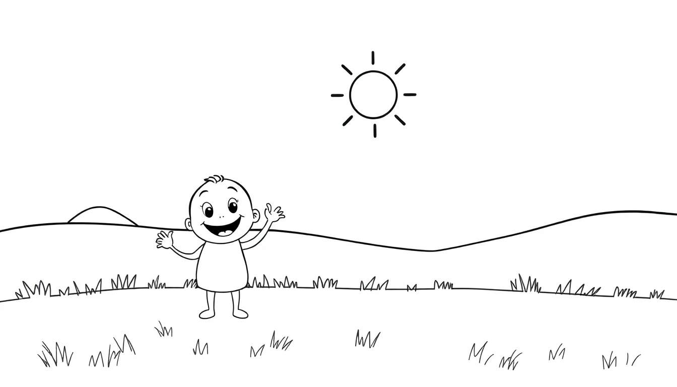 Placa de color de un niño sonriente saludando en un campo con un sol sonriente