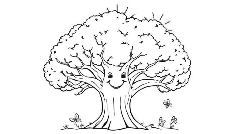 Árbol sonriente con ramas para colorear, mariposas y flores. Un dibujo de placa de color para niños.