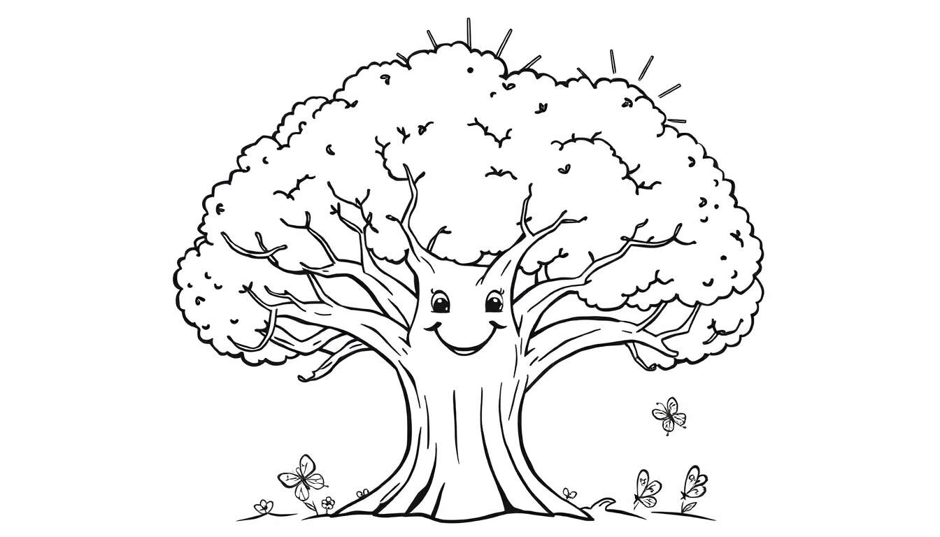 Árbol sonriente con ramas para colorear, mariposas y flores. Un dibujo de placa de color para niños.
