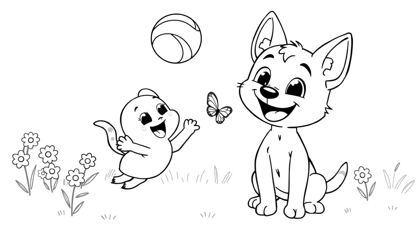 Placa de color: Bluey y Bingo jugando a la pelota en el jardín.