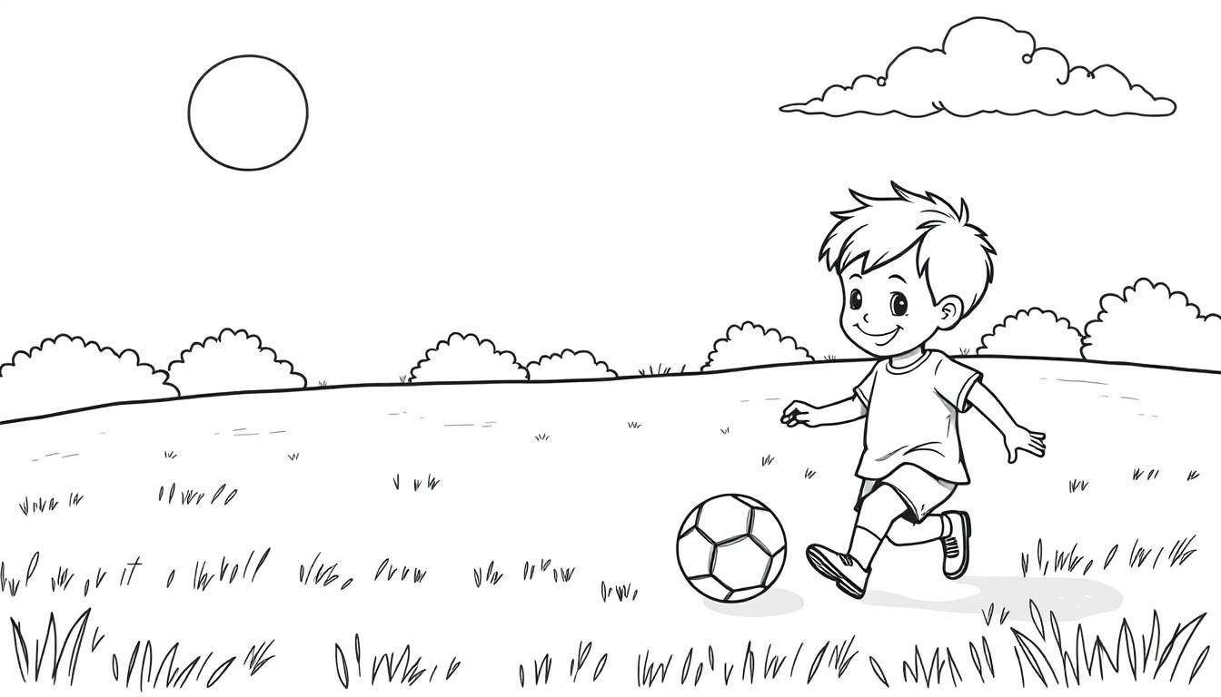 Un niño sonriente pateando un balón de fútbol en un campo de hierba bajo el sol.