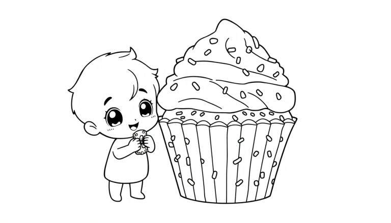 Niño Chibi con un gran pastelito y un donut, listo para colorear con la placa de color.