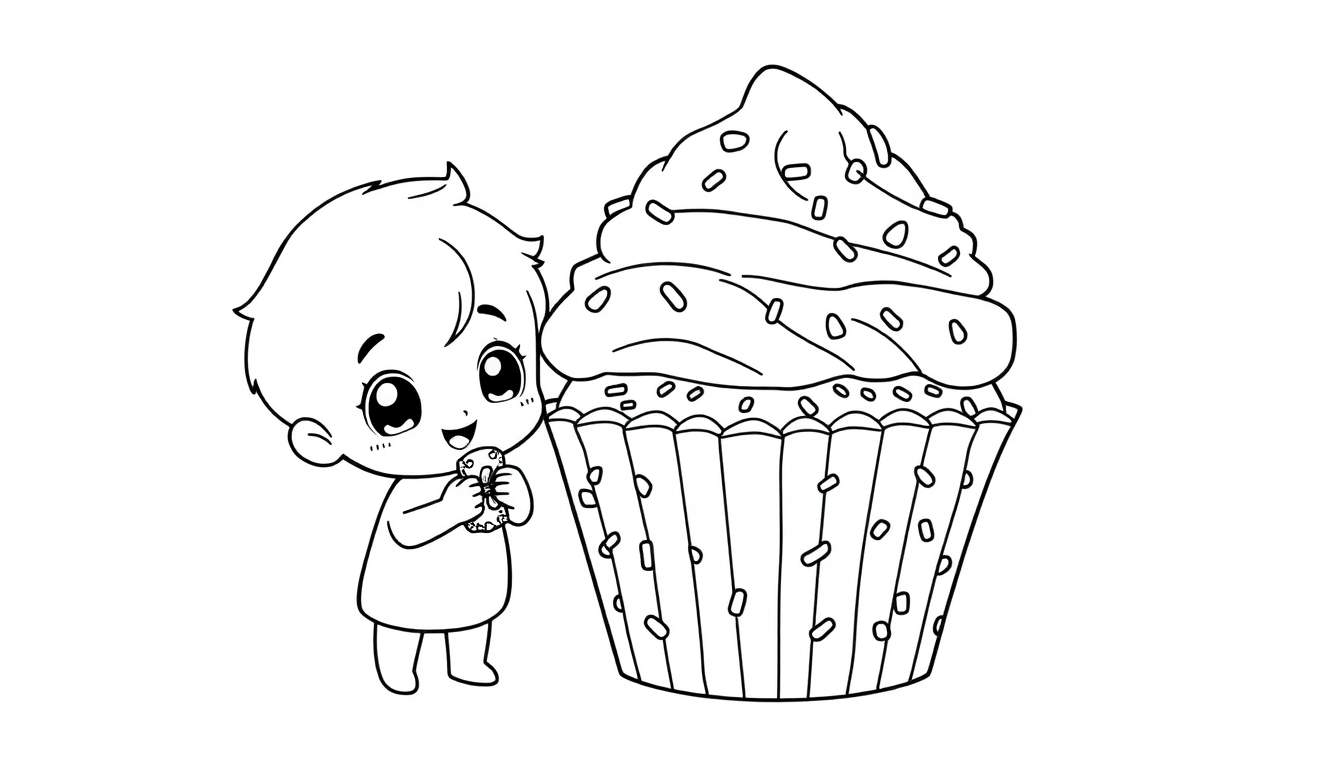Niño Chibi con un gran pastelito y un donut, listo para colorear con la placa de color.