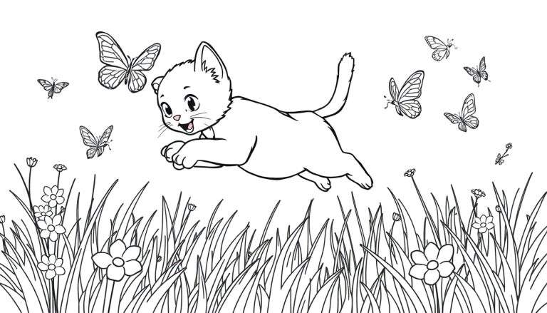 Placa de color: Gato de dibujos animados saltando en un prado con mariposas.