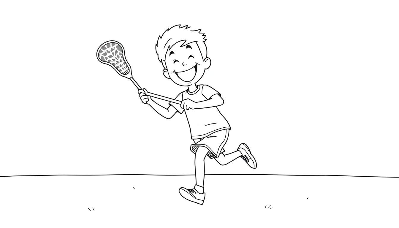 Niño sonriente jugando al lacrosse, página para colorear con placa de color.