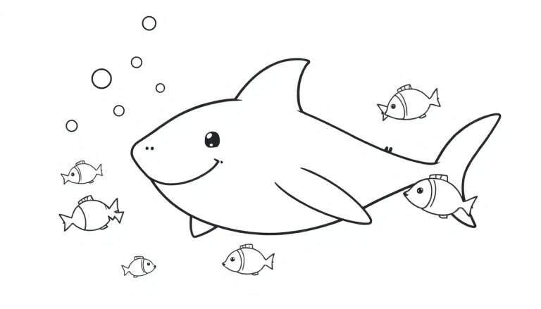 Un tiburón amigable de dibujos animados con ojos grandes y una sonrisa nadando en el océano, rodeado de peces pequeños y burbujas. Es un dibujo lineal en blanco y negro, perfecto para una placa de color.