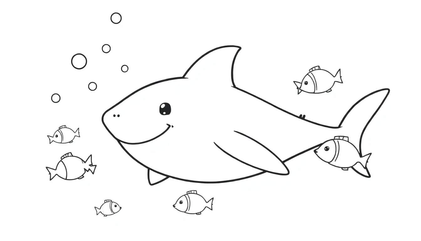 Un tiburón amigable de dibujos animados con ojos grandes y una sonrisa nadando en el océano, rodeado de peces pequeños y burbujas. Es un dibujo lineal en blanco y negro, perfecto para una placa de color.