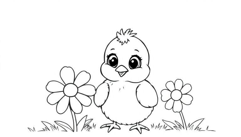 Un pollito tierno en una placa de color rodeado de flores.
