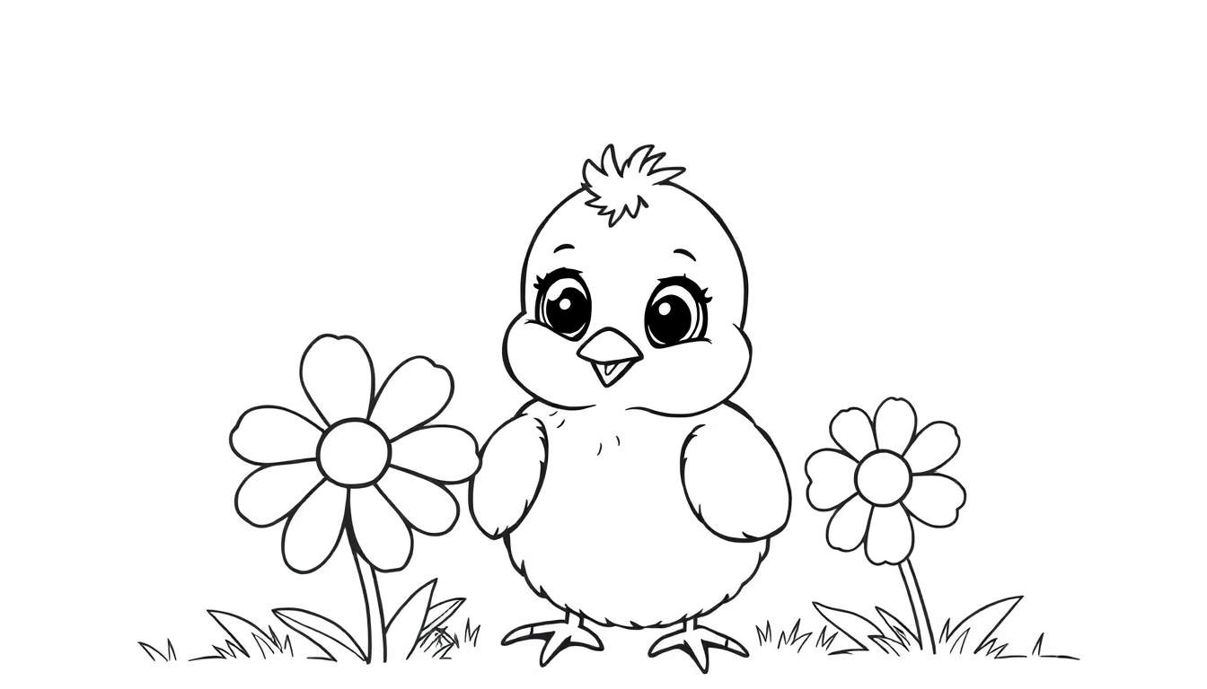 Un pollito tierno en una placa de color rodeado de flores.