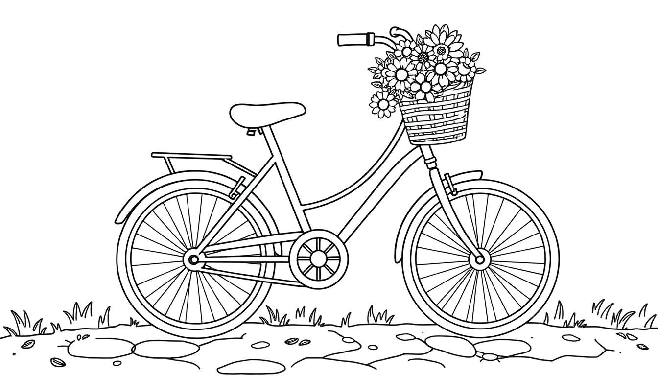 Placa de color de una bicicleta vintage con cesta de flores.