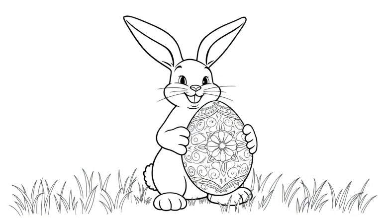 Placa de color de un conejito de Pascua sonriente sentado en la hierba con un huevo decorado.