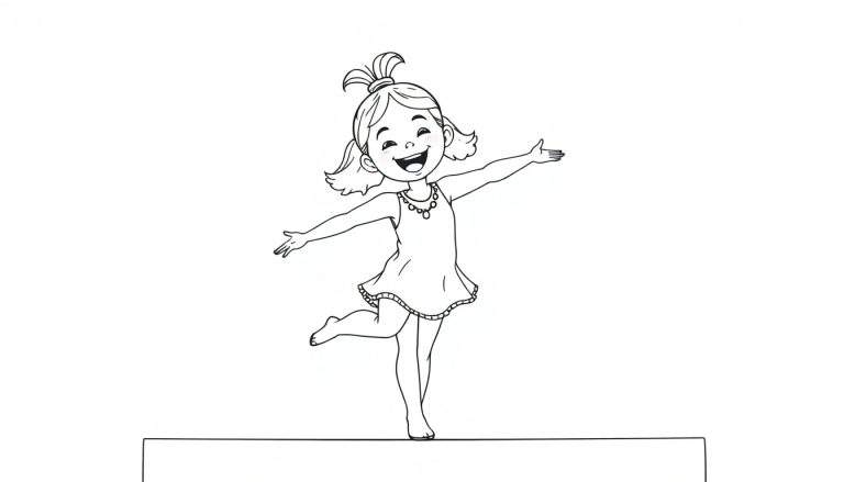 Placa de color de una niña sonriente y enérgica haciendo gimnasia sobre una plataforma.