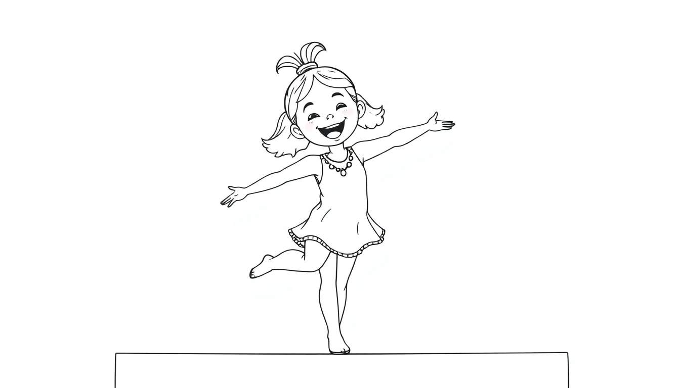 Placa de color de una niña sonriente y enérgica haciendo gimnasia sobre una plataforma.