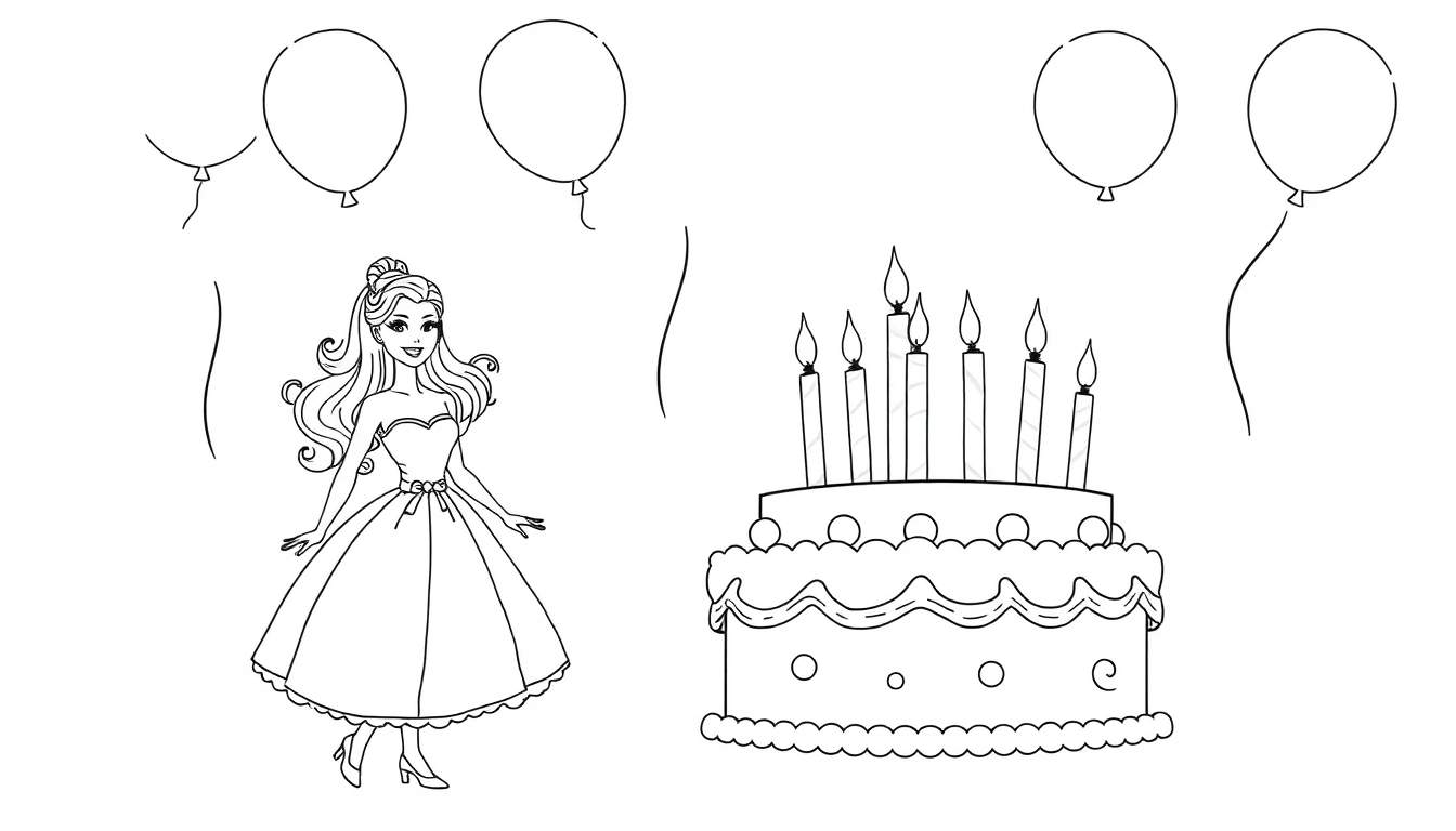 Ilustración en blanco y negro de Barbie celebrando su cumpleaños con un pastel de dos pisos y globos.