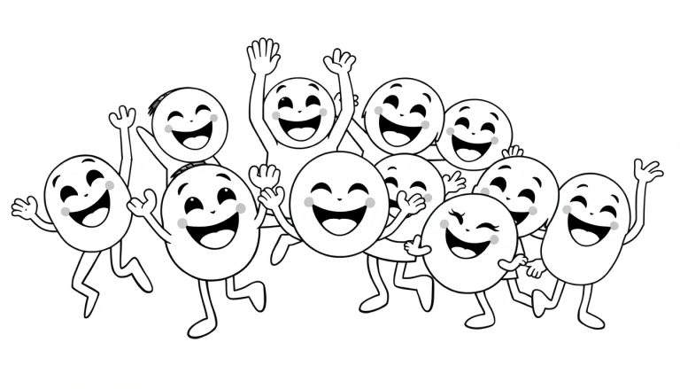 Placa de color de un grupo de alegres personajes de dibujos animados sonriendo.