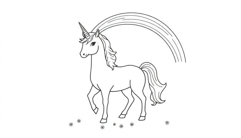 Placa de color de un unicornio mágico con un arcoíris.