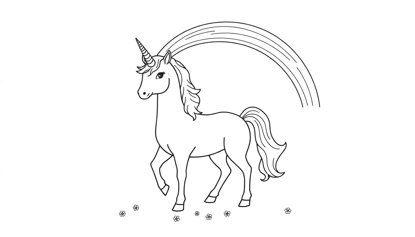 Placa de color de un unicornio mágico con un arcoíris.