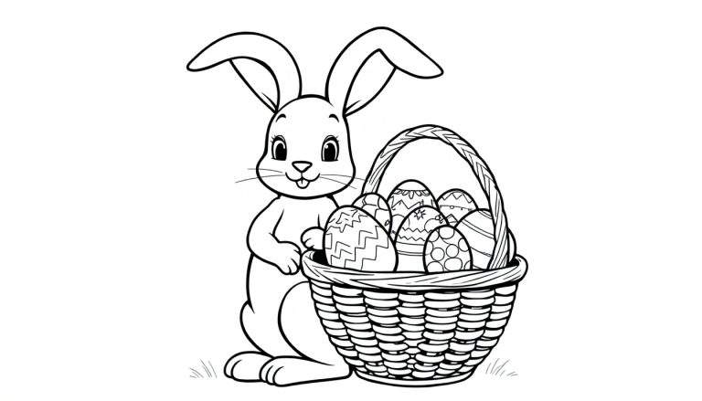 Placa de color de un conejito de Pascua con orejas largas y una cesta llena de huevos.