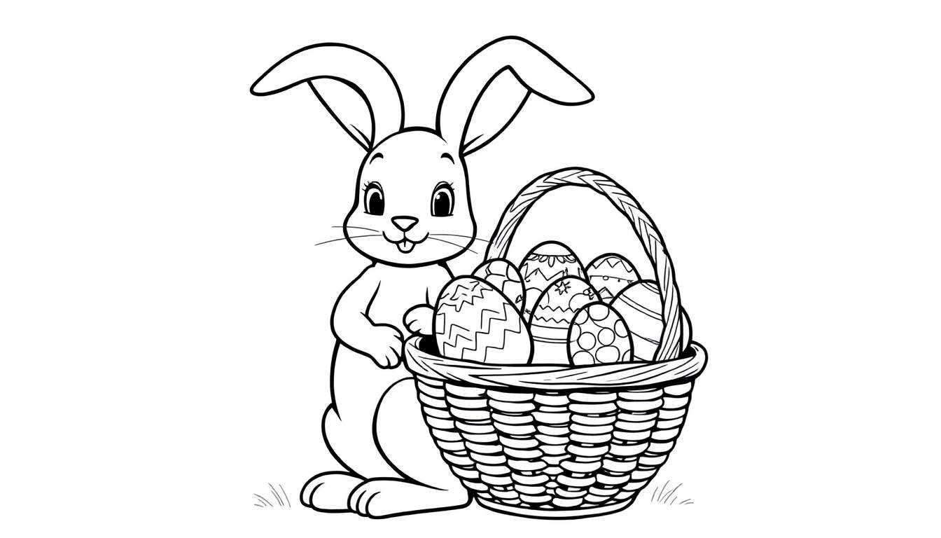 Placa de color de un conejito de Pascua con orejas largas y una cesta llena de huevos.