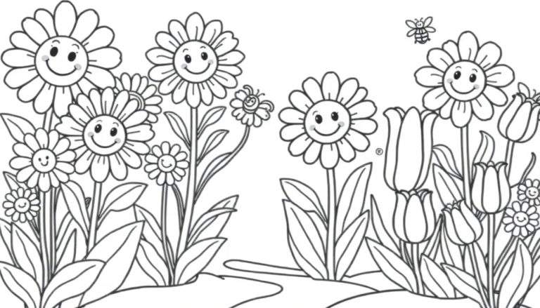 Una placa de color de un jardín de flores sonrientes.