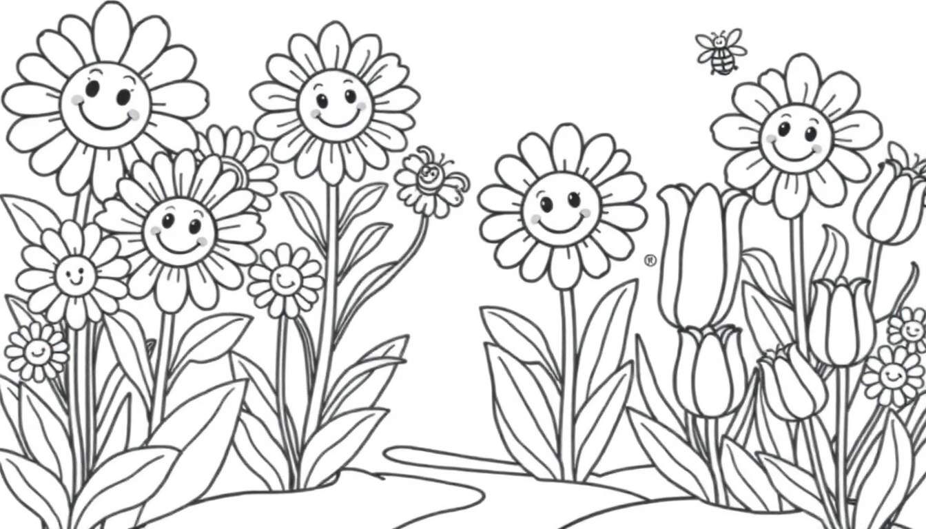 Una placa de color de un jardín de flores sonrientes.