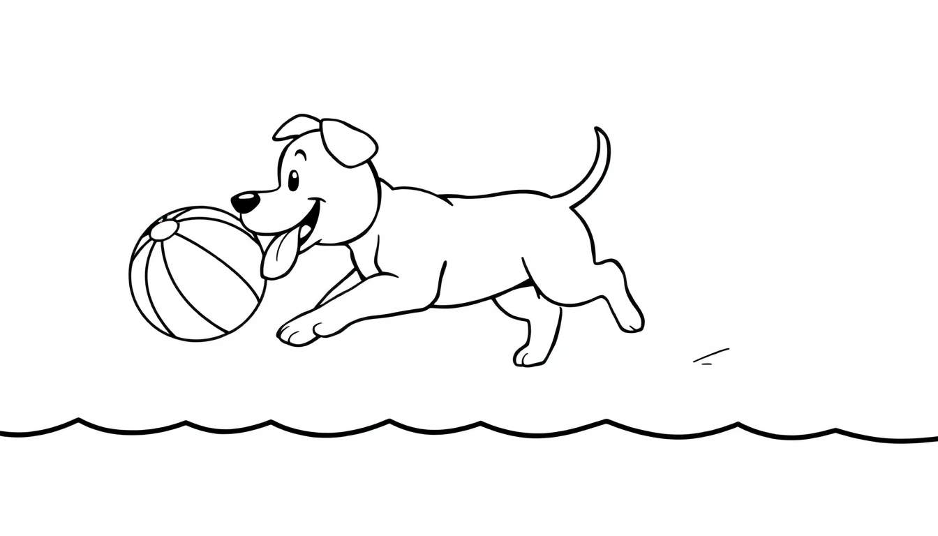 Un perrito sonriente jugando con una pelota a rayas en la playa, listo para añadirle su placa de color personal.