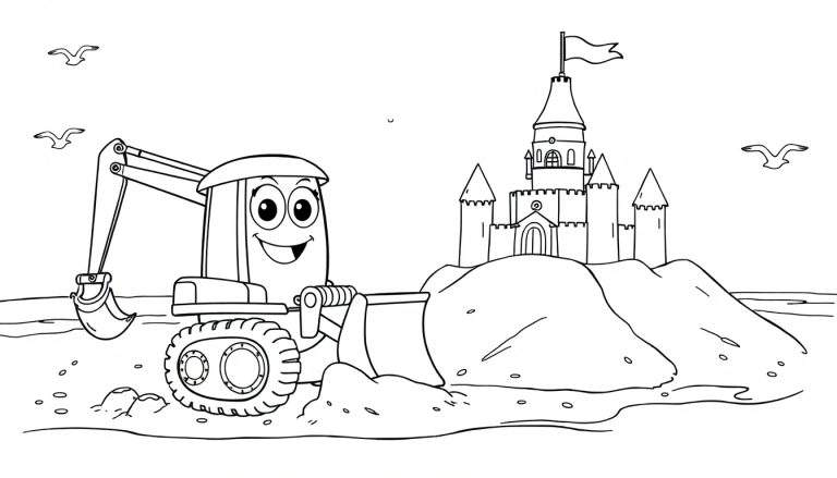 Una excavadora sonriente construyendo un castillo de arena en la playa, con gaviotas volando y la línea del horizonte, para colorear.