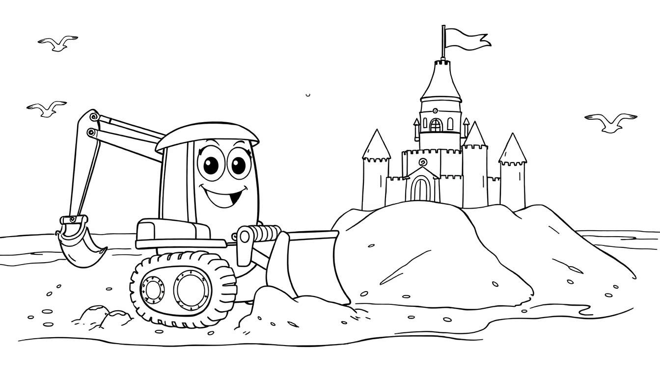 Una excavadora sonriente construyendo un castillo de arena en la playa, con gaviotas volando y la línea del horizonte, para colorear.