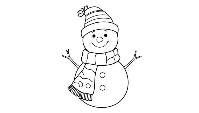 Placa de color de un muñeco de nieve amigable sonriendo con un sombrero a rayas y una bufanda.