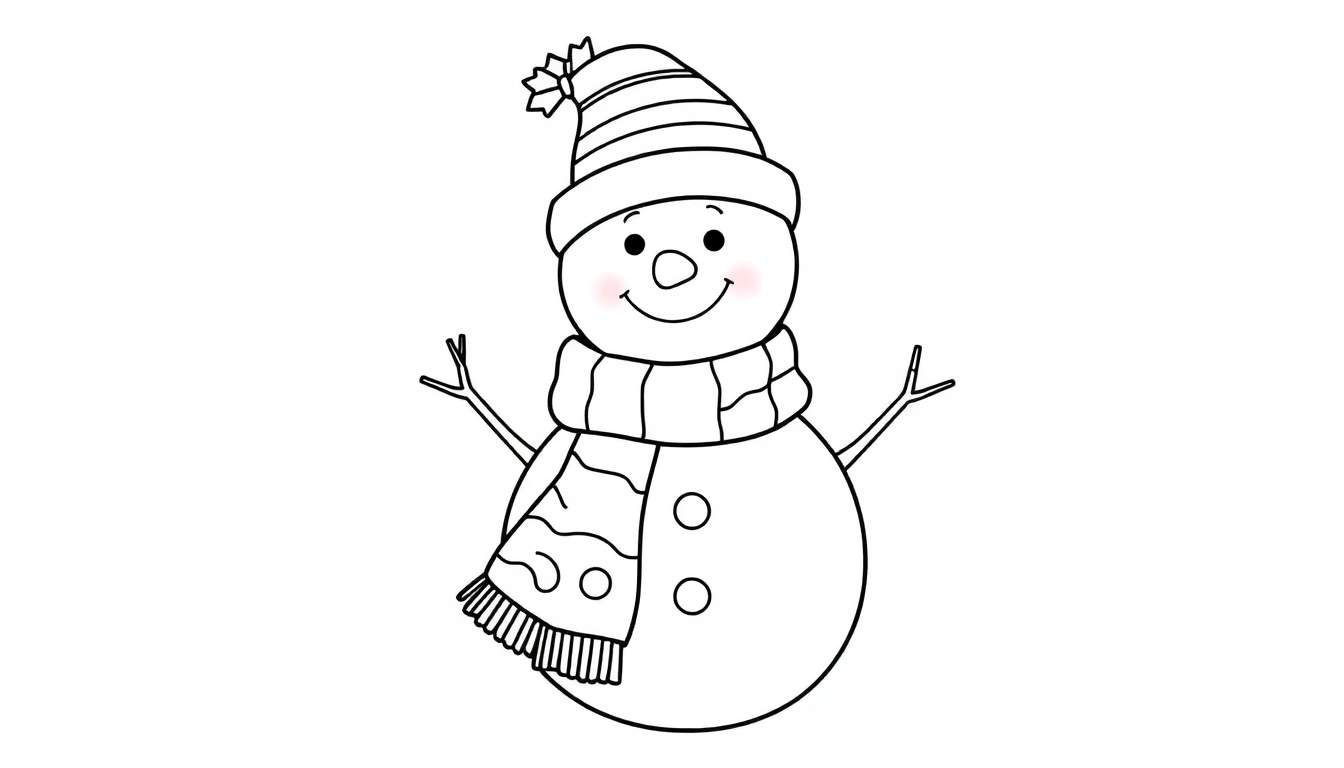 Placa de color de un muñeco de nieve amigable sonriendo con un sombrero a rayas y una bufanda.