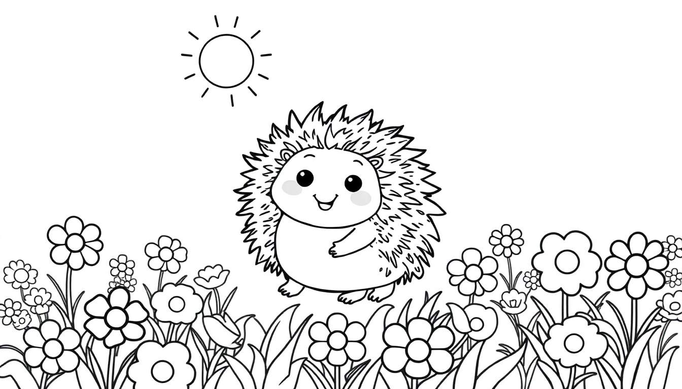 Un erizo sonriente en un campo de flores para colorear bajo el sol.