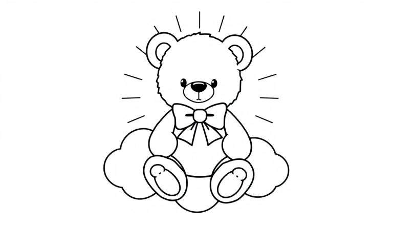 Placa de color de un osito de peluche sentado en una nube.