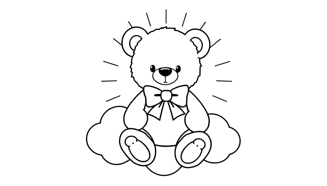 Placa de color de un osito de peluche sentado en una nube.
