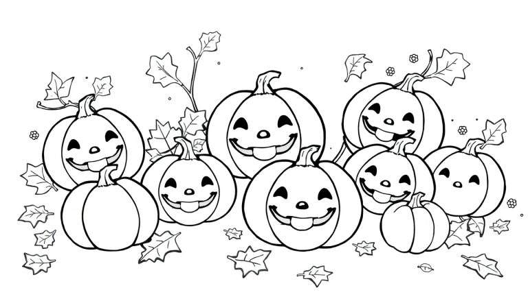 Placa de color de calabazas sonrientes de Halloween con hojas de arce