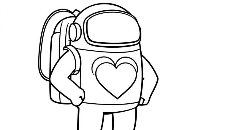 Un personaje de Among Us con traje espacial y corazón, listo para colorear en su placa de color.
