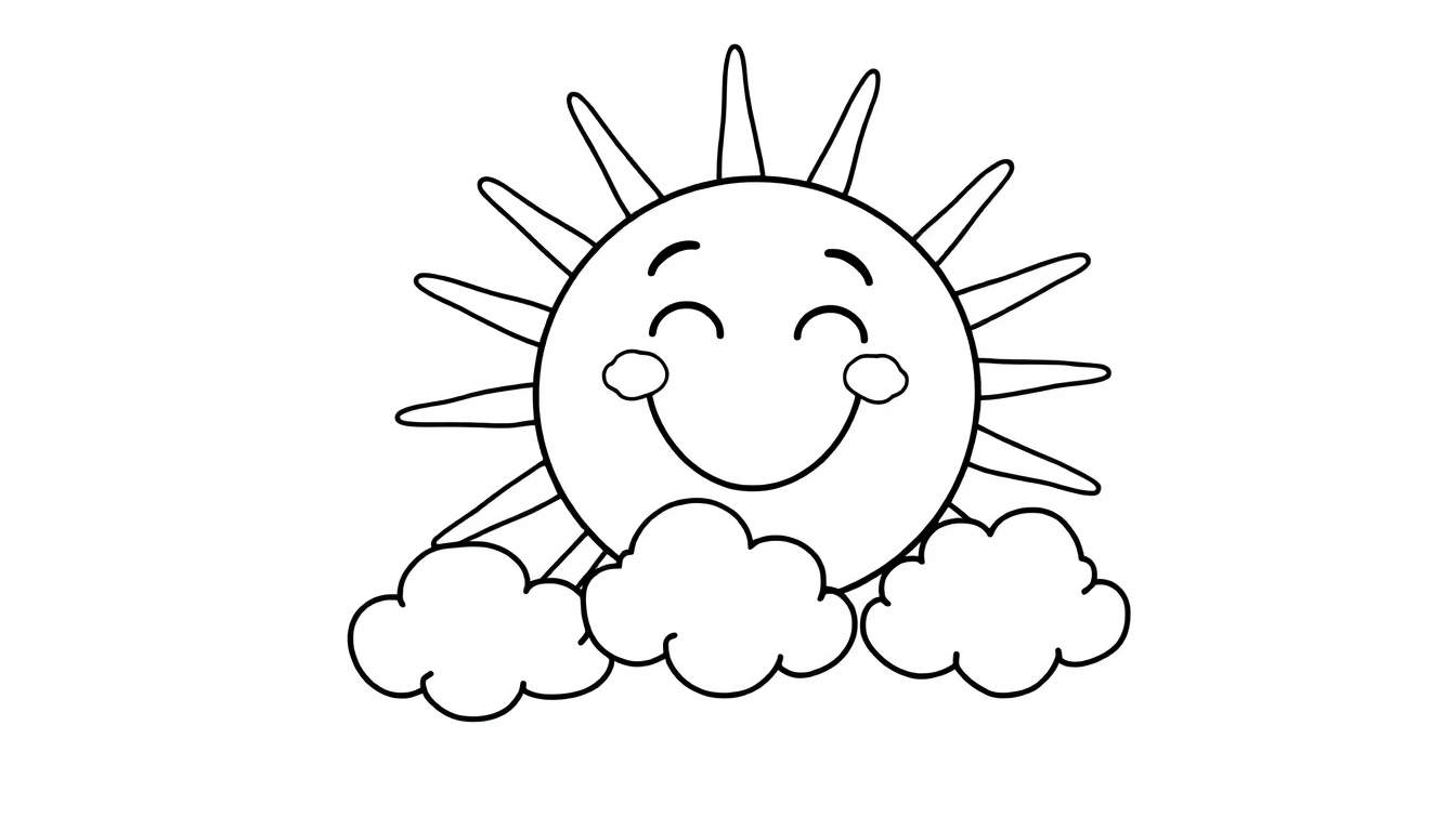 Placa de color de un sol sonriente con tres nubes.