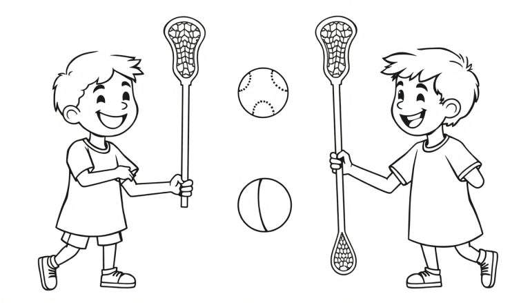 Placa de color de dos niños sonrientes jugando lacrosse con palos y pelotas.