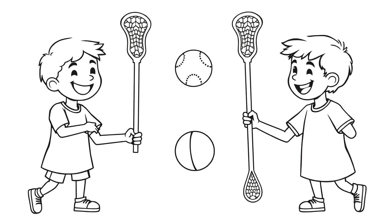 Placa de color de dos niños sonrientes jugando lacrosse con palos y pelotas.