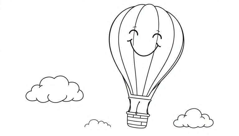 Un dibujo de un globo aerostático sonriente con una cesta, flotando entre nubes, listo para ser coloreado. Placa de color para niños.
