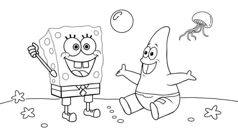 Bob Esponja y Patricio jugando en la playa, una placa de color para colorear.