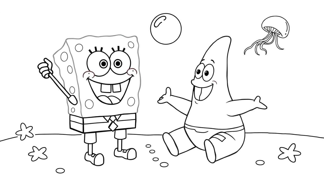 Bob Esponja y Patricio jugando en la playa, una placa de color para colorear.