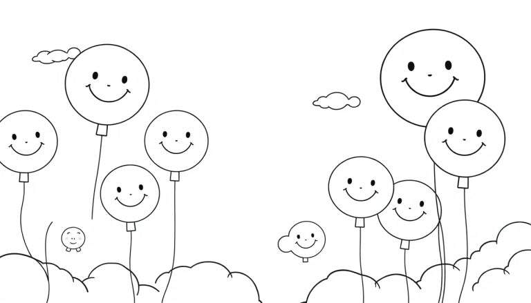 Placa de color de globos sonrientes y nubes.