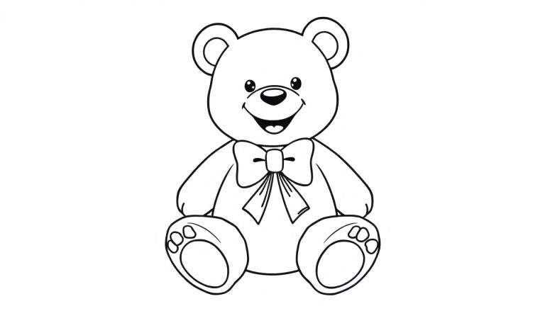 Placa de color de un osito de peluche sonriente con un gran lazo.