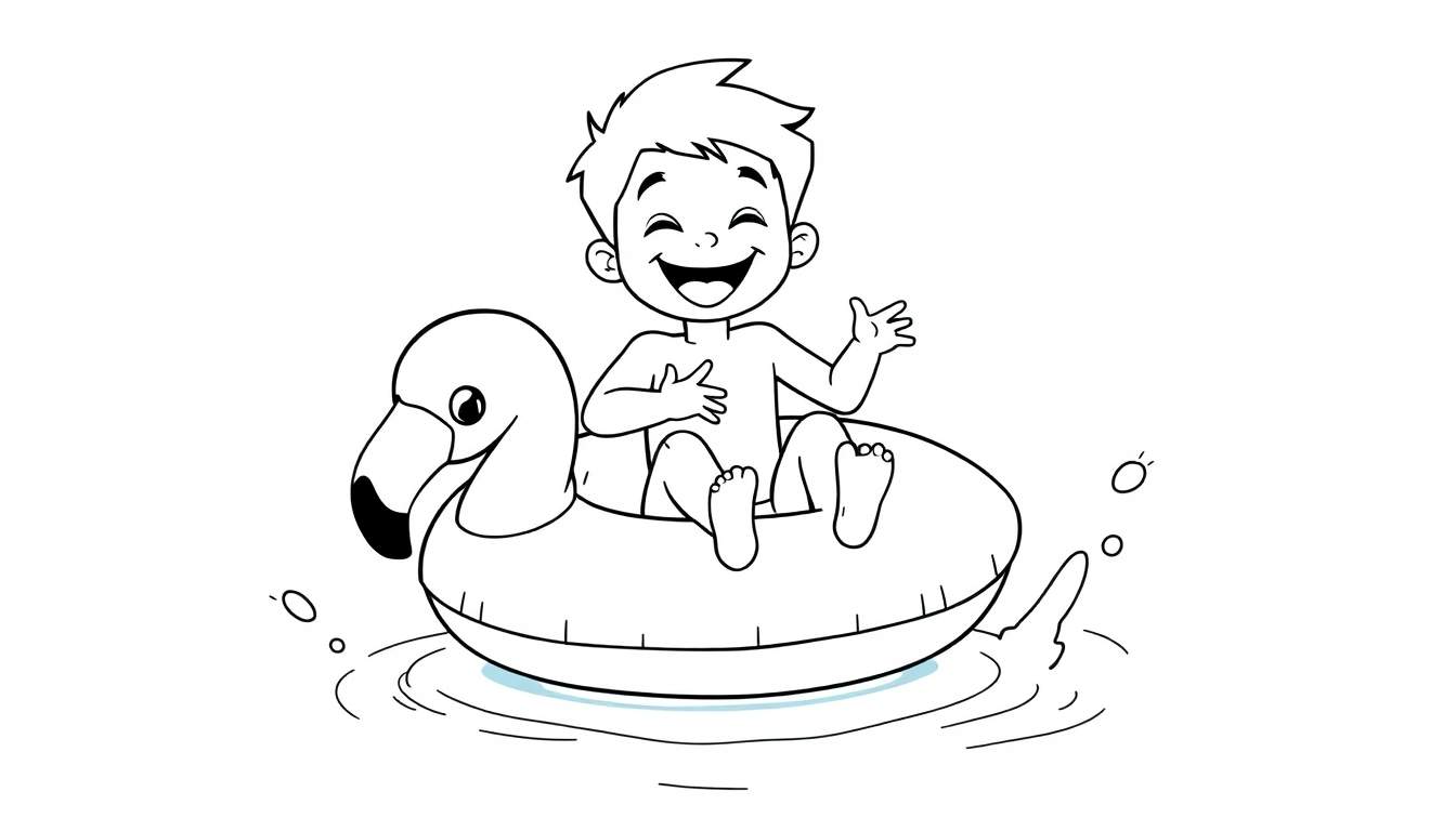 Niño feliz saludando desde un flotador de flamenco en una piscina.
