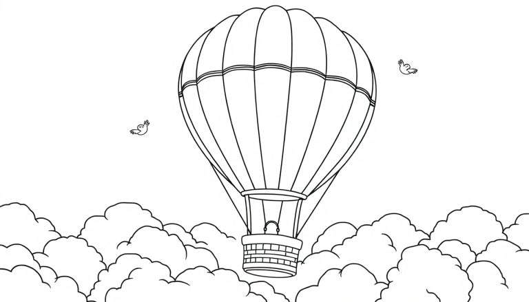 Placa de color de un globo aerostático gigante sobre nubes con pájaros, listo para colorear.