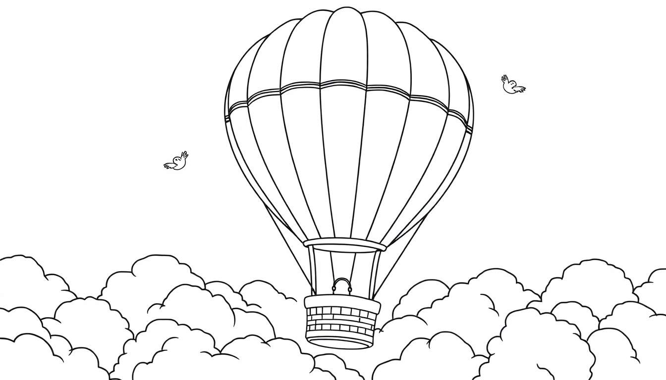 Placa de color de un globo aerostático gigante sobre nubes con pájaros, listo para colorear.