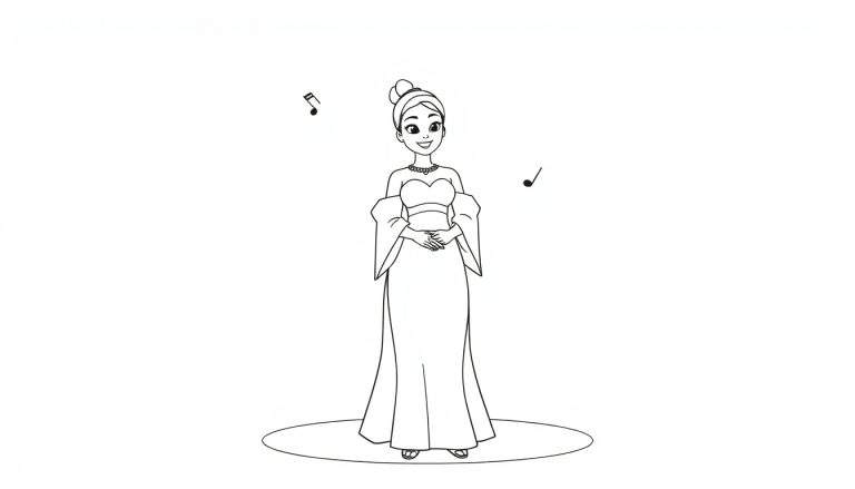 Una placa de color para colorear de Tiana con su vestido, lista para cantar.